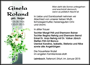 Traueranzeige von Gisela Roland von Südthüringer Presse