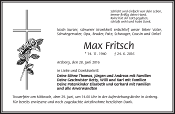Traueranzeige von Max Fritsch von Frankenpost