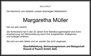 Traueranzeige von Margaretha Müller von Frankenpost