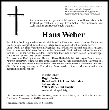 Traueranzeige von Hans Weber von Südthüringer Presse