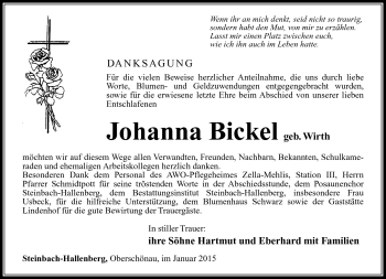 Traueranzeige von Johanna Bickel von Südthüringer Presse