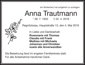 Traueranzeige von Anna Trautmann von Frankenpost