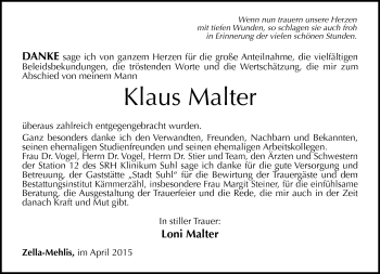 Traueranzeige von Klaus Malter von Südthüringer Presse