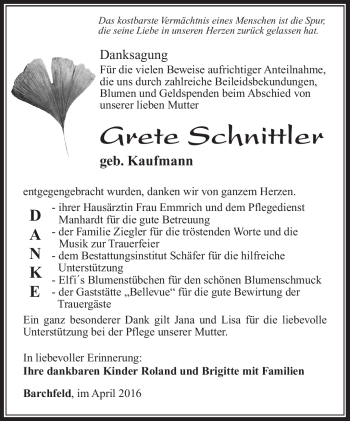 Traueranzeige von Grete Schnittler von Südthüringer Presse