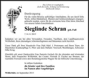 Traueranzeige von Sieglinde Schran von Südthüringer Presse