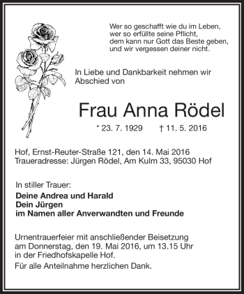 Traueranzeige von Anna Rödel von Frankenpost