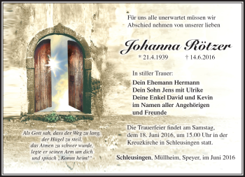 Traueranzeige von Johanna Rötzer von Südthüringer Presse