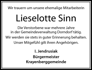 Traueranzeige von Lieselotte Sinn von Südthüringer Presse