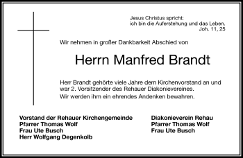 Traueranzeige von Manfred Brand von Frankenpost