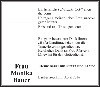 Traueranzeige von Monika Bauer von Frankenpost