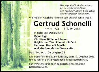 Traueranzeige von Gertrud Schonelli von Neue Presse Coburg
