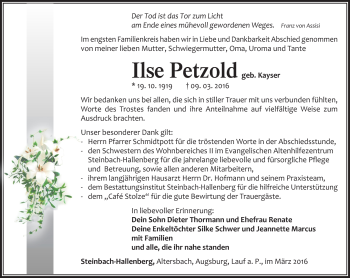 Traueranzeige von Ilse Petzold von Südthüringer Presse