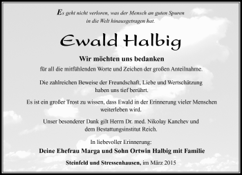 Traueranzeige von Ewald Halbig von Südthüringer Presse
