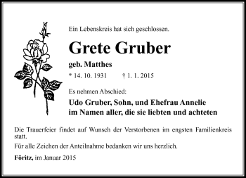 Traueranzeige von Grete Gruber von Südthüringer Presse