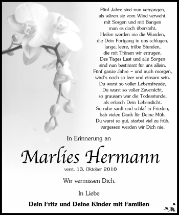 Traueranzeige von Marlies Hermann von Südthüringer Presse