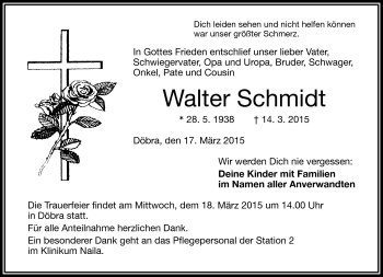 Traueranzeige von Walter Schmidt von Frankenpost