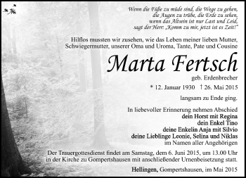 Traueranzeige von Marta Fertsch von Südthüringer Presse