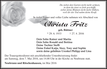 Traueranzeige von Christa Fritz von Südthüringer Presse