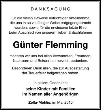Traueranzeige von Günter Flemming von Südthüringer Presse