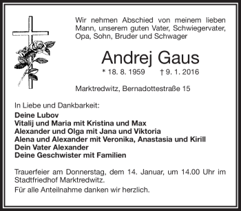 Traueranzeige von Andrej Gaus von Frankenpost