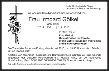 Traueranzeige von Irmgard Gölkel von Frankenpost