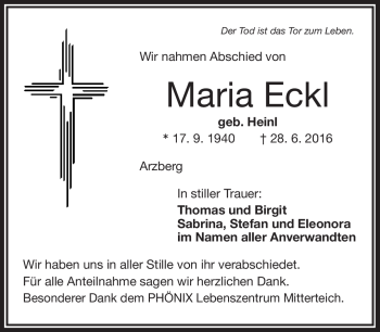 Traueranzeige von Maria Eckl von Frankenpost