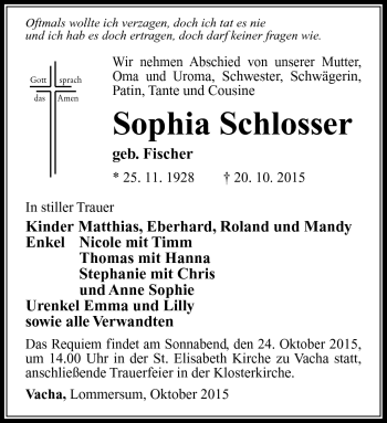 Traueranzeige von Sophia Schlosser von Südthüringer Presse