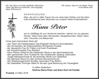 Traueranzeige von Hans Peter von Südthüringer Presse