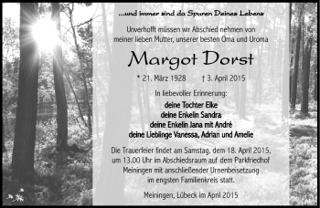 Traueranzeige von Margot Dorst von Südthüringer Presse