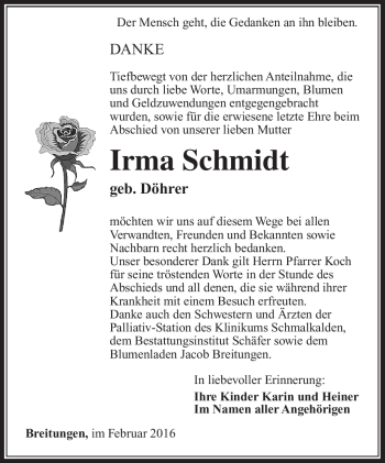 Traueranzeige von Irma Schmidt von Südthüringer Presse