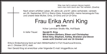 Traueranzeige von Erika Anni King von Frankenpost