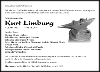 Traueranzeige von Kurt Limburg von Südthüringer Presse