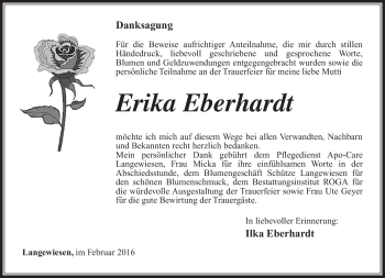 Traueranzeige von Erika Eberhardt von Südthüringer Presse