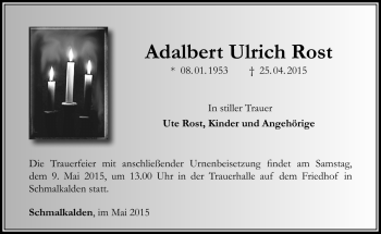 Traueranzeige von Adelbert Ulrich Rost von Südthüringer Presse