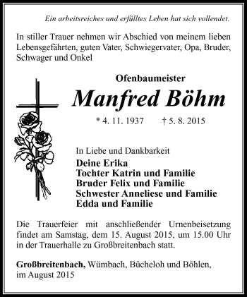 Traueranzeige von Manfred Böhm von Südthüringer Presse