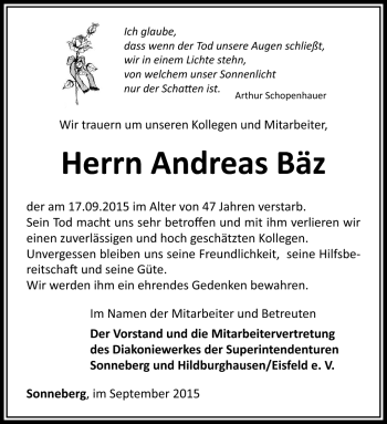 Traueranzeige von Andreas Bäz von Südthüringer Presse