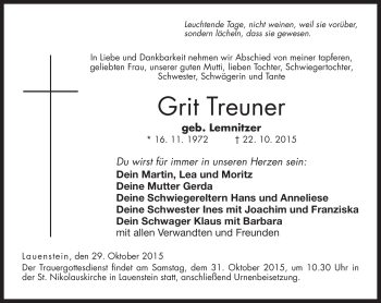 Traueranzeige von Grit Treuner von Neue Presse Coburg