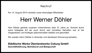 Traueranzeige von Werner Döhler von Neue Presse Coburg