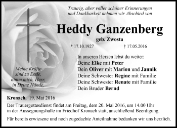 Traueranzeige von Heddy Ganzenberg von Neue Presse Coburg