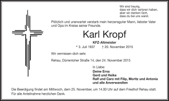 Traueranzeige von Karl Kropf von Frankenpost