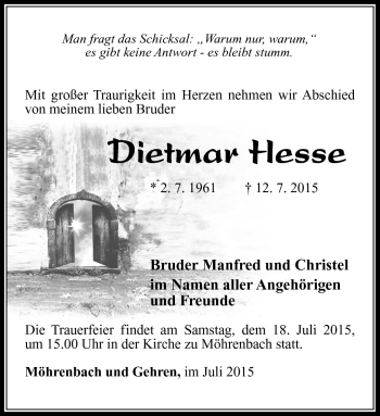 Traueranzeige von Dietmar Hesse von Südthüringer Presse