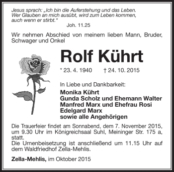 Traueranzeige von Rolf Kührt von Südthüringer Presse