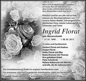 Traueranzeige von Ingrid Florat von Südthüringer Presse