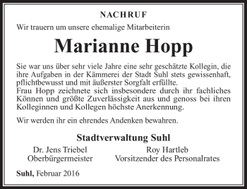 Traueranzeige von Marianne Hopp von Südthüringer Presse