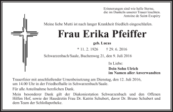 Traueranzeige von Erika Pfeiffer von Frankenpost