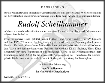Traueranzeige von Rudolf Schellmann von Südthüringer Presse