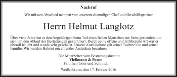 Traueranzeige von Helmut Langlotz von Neue Presse Coburg