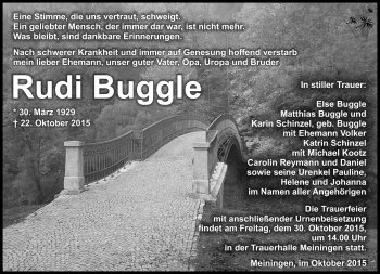 Traueranzeige von Rudi Buggle von Südthüringer Presse