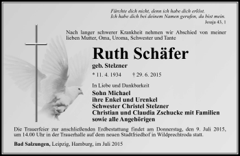 Traueranzeige von Ruth Schäfer von Südthüringer Presse