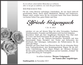 Traueranzeige von Elfriede Geigangack von Südthüringer Presse